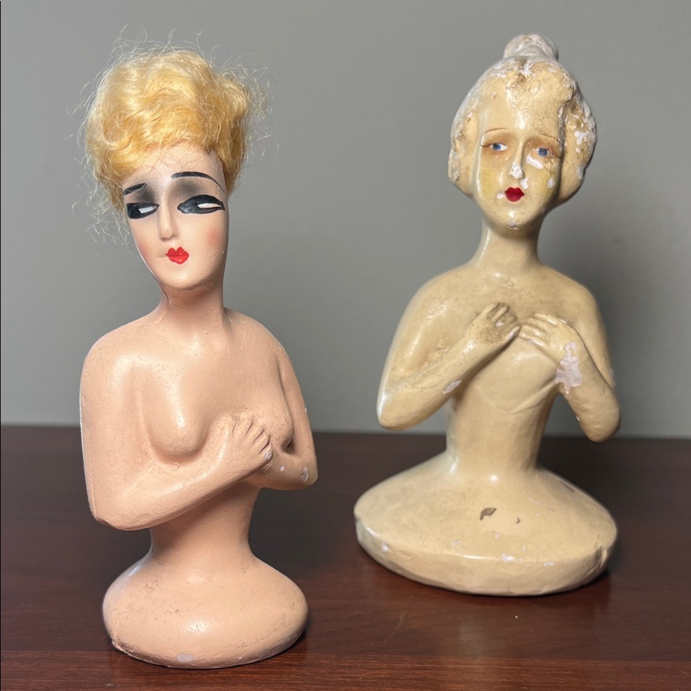 Pair of Antique Art Deco Chalkware Half Dolls Bust Figurines